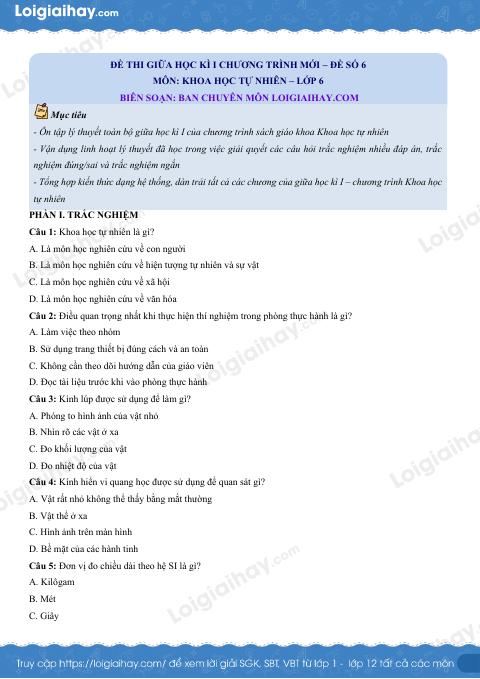 Đề thi giữa kì 1 KHTN 6 Cánh diều - Đề số 6